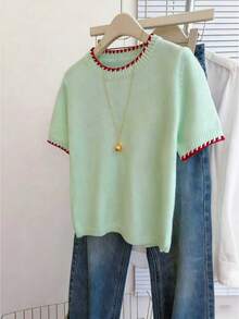 SHEIN LUNE French Retro Loose Round Neck Short Sleeve Colorblock Knit Top For Women,Mint Green,Summer,Casual,School Cute Sweater Light Green Elegant Blouse - Green - View 5