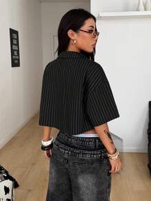 Coolane 女士春夏复古学院风格子宽松露脐上衣红色衬衫，适合新年穿着 - 黑色 - 查看 5