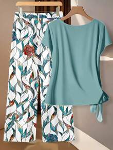 EMERY ROSE Bộ đồ hai mảnh màu xanh ngọc lam trơn, tay áo cánh dơi nhẹ, thắt nút bên hông dành cho nữ cỡ lớn, gồm áo và quần họa tiết cành lá hoa, thích hợp làm trang phục cho mẹ cô dâu, trang phục dự tiệc thanh lịch cho nữ. - Màu xanh ngọc - Xem 2