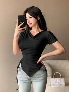 DAZY Women's Solid Color Asymmetric Neck Cinched Waist Pleated T-Shirt Summer - Black - View 3