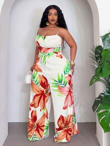 Slaydiva 新款春季、春季、夏季、音乐节、情人节、复活节、婚礼季、假日季、海滩度假、休闲、优雅、通勤、日常穿着、工作服、度假、派对、邮轮、派对、基础款、日常约会、吊带衫、V形镂空、修身、直筒、阔腿裤、白色底色、橙色花朵、绿色枝条、全幅印花超长裤、女士连体裤 -G - 彩色 - 查看 10