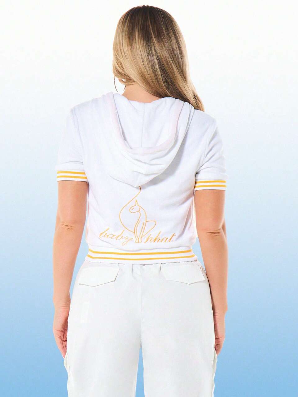 BABYPHAT White Short Sleeve Hooded Sweatshirt With Yellow Contrast Trim And Front Zip Closure Casual Loungewear For Spring Summer