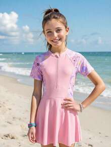 SHEIN 少女夏季休闲碎花连体泳衣 - 淺粉色 - 查看 1