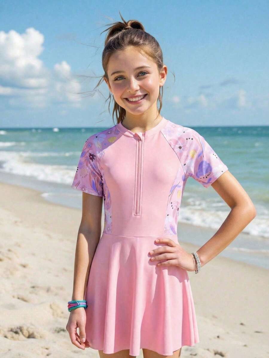 SHEIN 少女夏季休闲碎花连体泳衣 - 淺粉色 - 查看 1