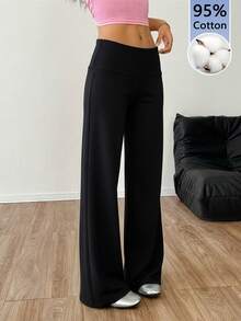 SHEIN EZwear 黑色高腰阔腿宽松休闲裤 - 黑色 - 查看 3