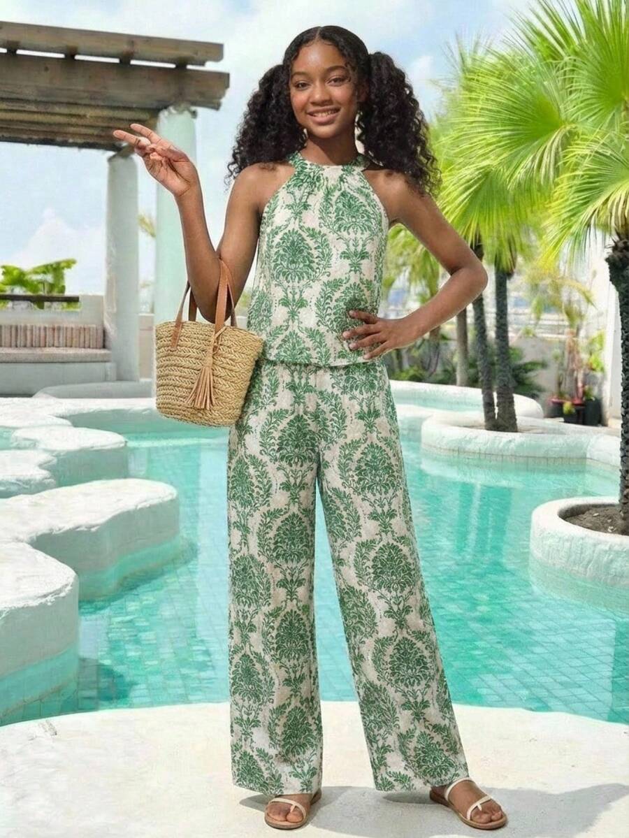 SHEIN 少女T恤套装两件套，度假基础款露背上衣+阔腿七分裤，花卉编织图案 - 綠色 - 查看 1