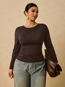 Travachic 加大码女式黑色长袖圆领保暖内衣，腰部褶皱收腹T恤 - 棕色 - 查看 4