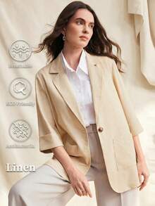 女士休闲亚麻混纺宽松七分袖大口袋单排扣西装外套 - 杏色 - 查看 1