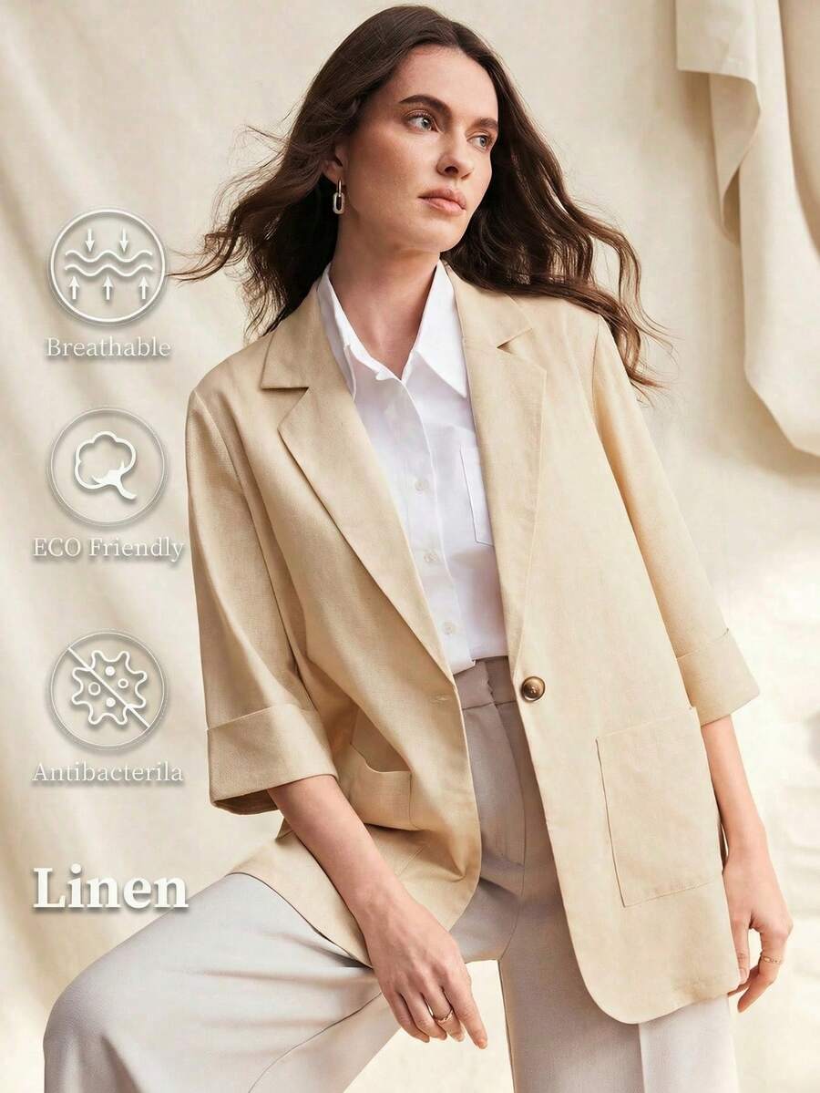 女士休闲亚麻混纺宽松七分袖大口袋单排扣西装外套 - 杏色 - 查看 1