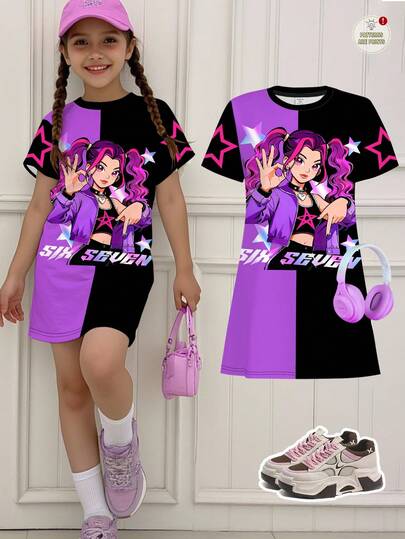 SHEIN Young Girl Colorblock K-POP Letter & Star Print, Numeric 67 & Cartoon Character Pattern Dress