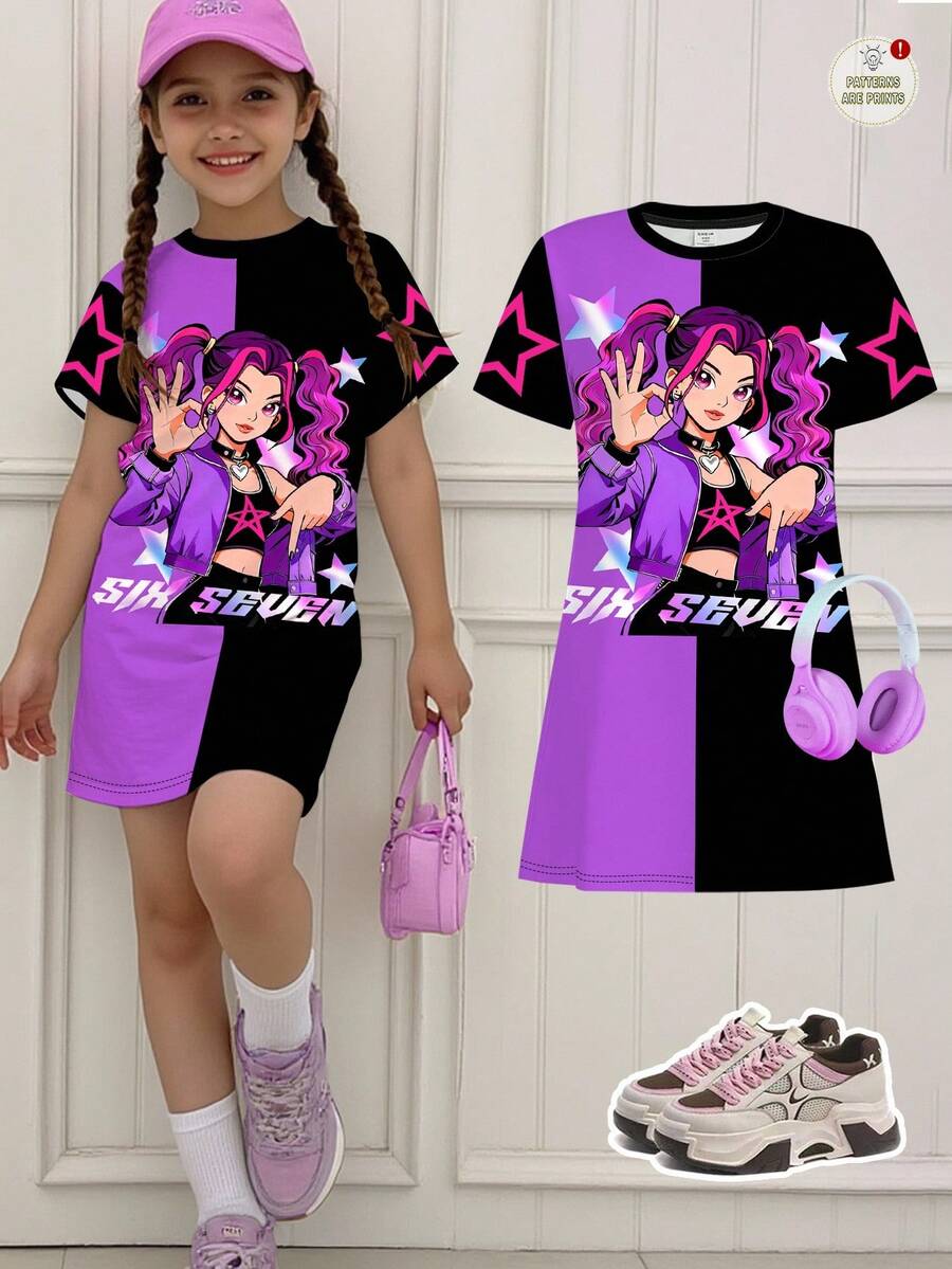 SHEIN 少女配色拼接 K-POP 字母&星星印花、數字 67&卡通角色圖案洋裝 Y2K 女孩套裝 - 彩色 - 查看 1