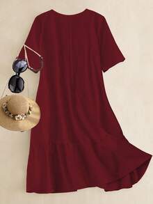 Linhara 大码女士度假V领印花短袖连衣裙 - 酒紅色 - 查看 2