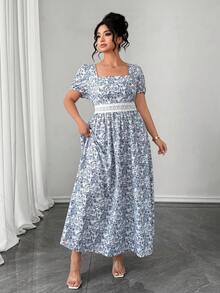 Elenzga 女士方领短袖度假连衣裙，浪漫、西式、春季连衣裙、沙滩装、夏季装、吊带裙、波西米亚风、优雅、正式晚礼服 - 藍色 - 查看 5