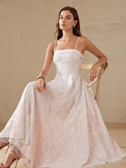 Aveloria Rosie Women's Elegant Striped Lace Double-Layer Fabric Collar Ruffle Cinched Waist Hem Slit Flared Hem Strap Dress For Vacation