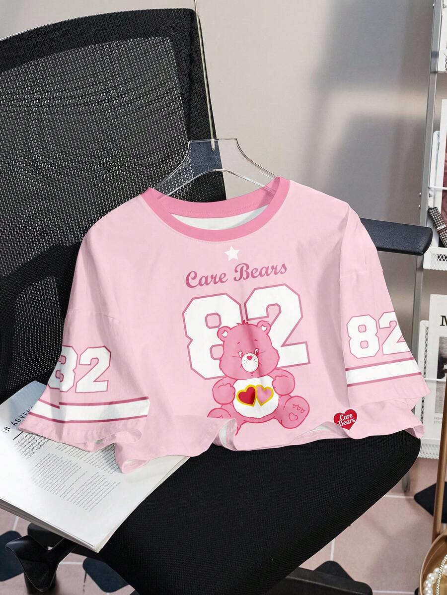 SHEIN X Care Bears Women's Round Neck Short Sleeve Casual T-Shirt, Cropped Style, - White - View 1