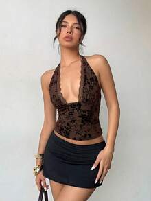 Aloruh Áo hai dây gợi cảm hở lưng, cổ yếm, phối ren hoa dành cho nữ. - màu nâu - Xem 4