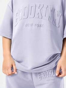 SHEIN 青少年女孩寬鬆休閒極簡舒適圓領落肩短袖T恤與長褲套裝 - 淡紫色 - 查看 3