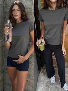 Fluxe 休闲纯色针织圆领短袖宽松百搭女式T恤 - 灰色 - 查看 2