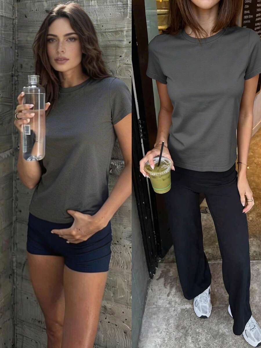 Fluxe 休闲纯色针织圆领短袖宽松百搭女式T恤