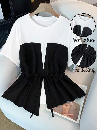 GlowEve CURVE 女士加大码撞色拼接针织圆领落肩短袖收腰宽松直筒休闲日常时尚舒适度假百搭二合一T恤，春夏款