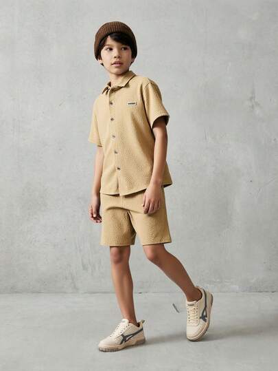 Tween Boys' Collared Twist Front Cardigan Shirt & Shorts Set, Casual School Style, Fitted Silhouette, Short Sleeve, Natural Texture Fabric, Large Pockets, Everyday Wear, Summer New Arrival