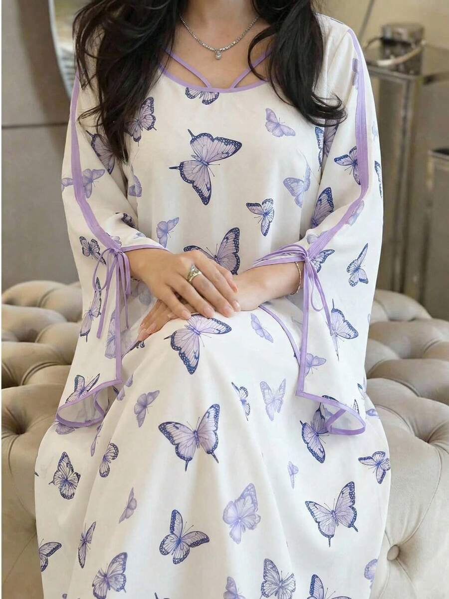 Al Najma 大码女士优雅长袖蝴蝶印花阿拉伯风格连衣裙 - 彩色 - 查看 1
