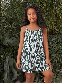SHEIN Bộ jumpsuit họa tiết da báo dáng rộng, thời trang thường ngày cho bé gái tuổi teen, thích hợp đi nghỉ mát. - màu xanh lá - Xem 6