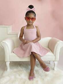 Young Girls Strapless Camisole Dress, Waist Cinched Casual Dress, Versatile For Holiday, Daily Wear, Fashionable & Cute,Kids - Baby Pink - View 5
