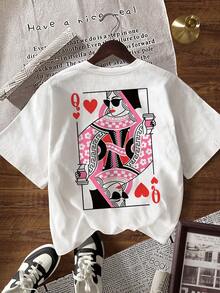 EMERY ROSE Women's Round Neck Playing Card Print Casual Versatile Daily Wear Short Sleeve T-Shirt - White - View 6