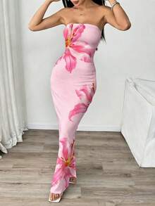 INAWLY Women's Floral Print Strapless Fitted Elegant Dress, Suitable For Vacation - Multicolor - View 3