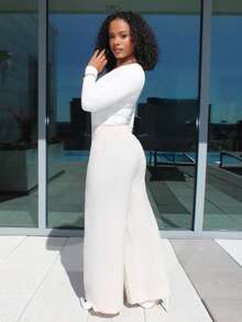 Steph T 夏季裤子女士条纹抽绳腰直筒宽松休闲裤 - 杏色 - 查看 4