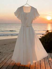 Franclia 女士新款方领荷叶边腰部褶裥中长连衣裙 - 杏色 - 查看 6