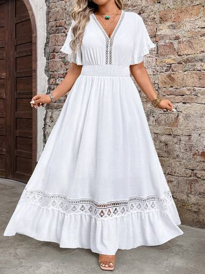 Breezaya 大码女式蕾丝提花浪漫休闲连衣裙，适合日常、通勤、度假、春夏穿着