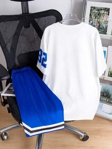SHEIN Vacaura 2件套青少年（男童）春夏运动休闲足球泼墨印花短袖T恤和短裤套装 - 藍色 - 查看 2