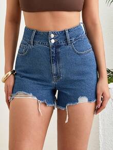 SHEIN High Waist Mini Denim Short Double Waistband Vacation Blue Summer Streetwear Casual - Medium Wash - View 3