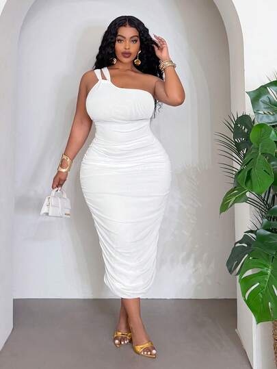 Slaydiva New Early Spring, Spring And Summer Music Festivals, Valentine's Day, Easter, Wedding Season, Holiday Season, Casual, Plus Size Elegant, Commuting, Daily Wear, Work Wear, Vacation, Party, Cruise, Party, Basic, Daily Date, Shoulder, Double-Shoulder Strap, Backless, Side-Pleated White Dress, Body-Hugging Dress, Women's Mid-Length Dress -Z