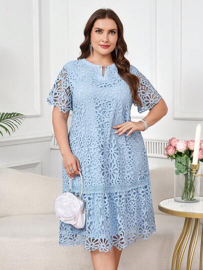 Reflora Vestido elegante de manga corta con encaje floral para mujer de talla grande