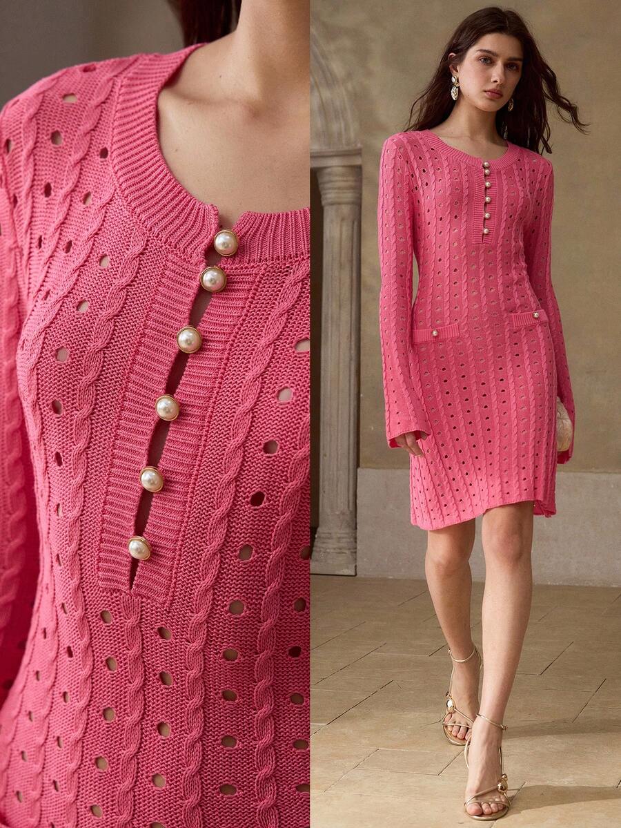 MOTF PREMIUM WOMEN'S SOLID COLOR FLARE SLEEVE FITTED OPEN KNIT SWEATER DRESS - Hot Pink - View 1