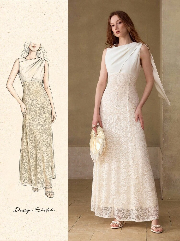 CONTRAST LACE DRAPED SHOULDER SLEEVELESS WAIST CINCHED DRESS