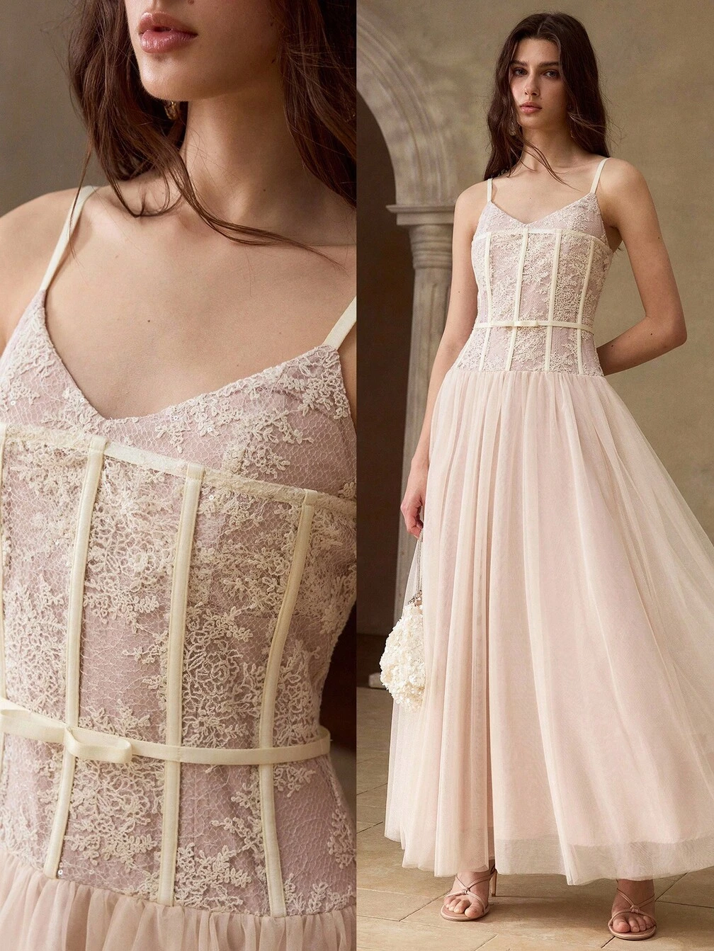 dress mesh lace summer Women's Summer Romantic Contrast Lace Mesh Umbrella Hem Long Strap Dress