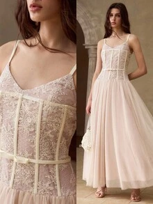 MOTF PREMIUM WOMEN'S SUMMER ROMANTIC CONTRAST LACE MESH UMBRELLA HEM LONG STRAP DRESS - Apricot - View 1