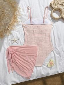 SHEIN Teen GirlOne-Piece Swimsuit, Wavy Shell Trim & Mesh Skirt, Beach & Pool Casual Vacation, Spring/Summer - Pink - View 2