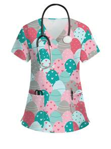 PopScrub Heart & Stripe Design Allover Print Scrub Top For Women, V-Neck Short Sleeve Uniform, Nursing Clothes Suitable For Easter & Daily Wear, Spring/Summer - Multicolor - View 1