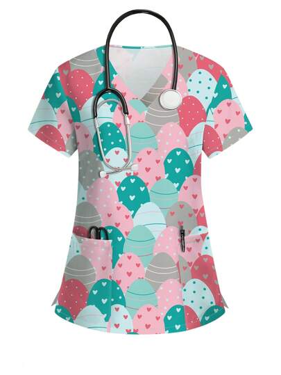 PopScrub Heart & Stripe Design Allover Print Scrub Top For Women, V-Neck Short Sleeve Uniform, Nursing Clothes Suitable For Easter & Daily Wear, Spring/Summer