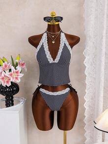 Zestiva Women's Beach Music Polka Dot Lace Trim Tie Front Tankini Swimsuit Set, Cute Style For Spring/Summer - Multicolor - View 3