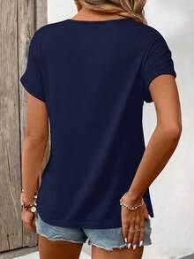 EMERY ROSE Camiseta casual de vacaciones con bloqueo de color y parches de encaje - Azul Marino - Ver 2