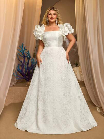 Glamrae Vestido de novia de cola drapeada con cuello ancho estilo francés de satén 3D de talla grande