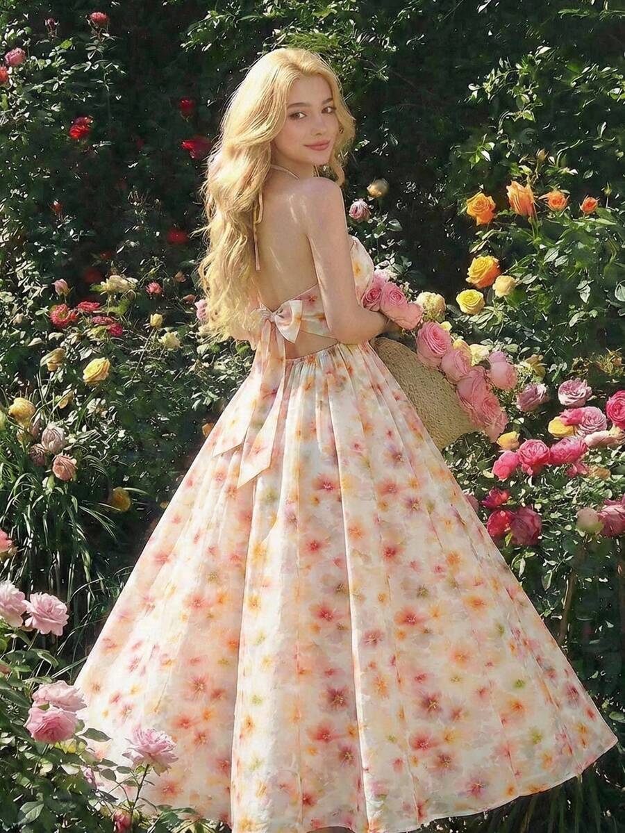 SHEIN MOD فستان أنيق للنساء مزخرف بطبعات زهرية مع ربطة الخصر، صيفي - أصفر - مشاهدة 1