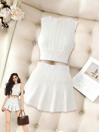 Ritzy Row Women's Solid Color Crew Neck Sleeveless Knit Top And Knitted Blend Midi Skirt 2-Piece Set