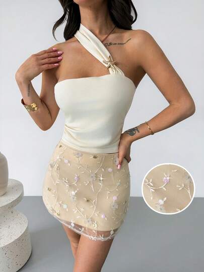 RiviMae Women's Solid Color Metal Decor Pleated Shoulder Top And Floral Embroidery Pattern Mini Skirt 2-Piece Set, Fashionable For Dates